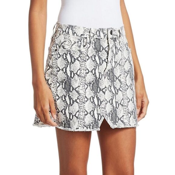 FRAME LE MINI SPLIT FRONT TONAL DENIM MINI SKIRT IN GREY PYTHON PRINT NWT - Picture 4 of 11